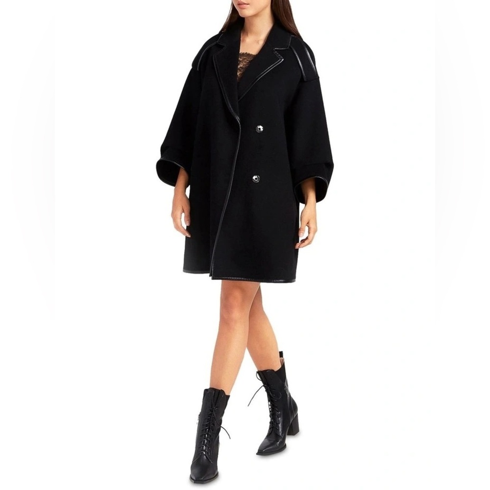 Nwt Belle & Bloom Incomplete Kiss Trimmed Wool Blend Cape Coat in Black, Size S